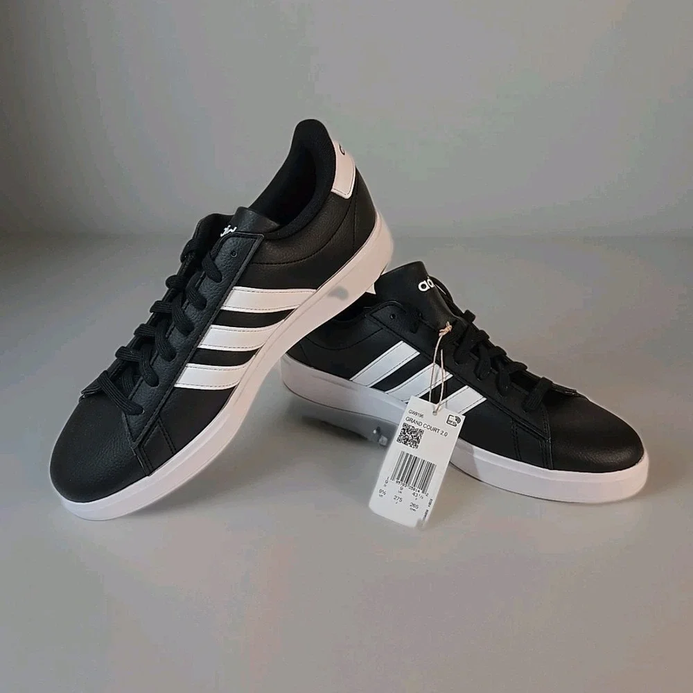 Adidas Mens Size 9.5 Grand Court 2.0 Shoes Black w/ White Stripes GW9195 Sneaker